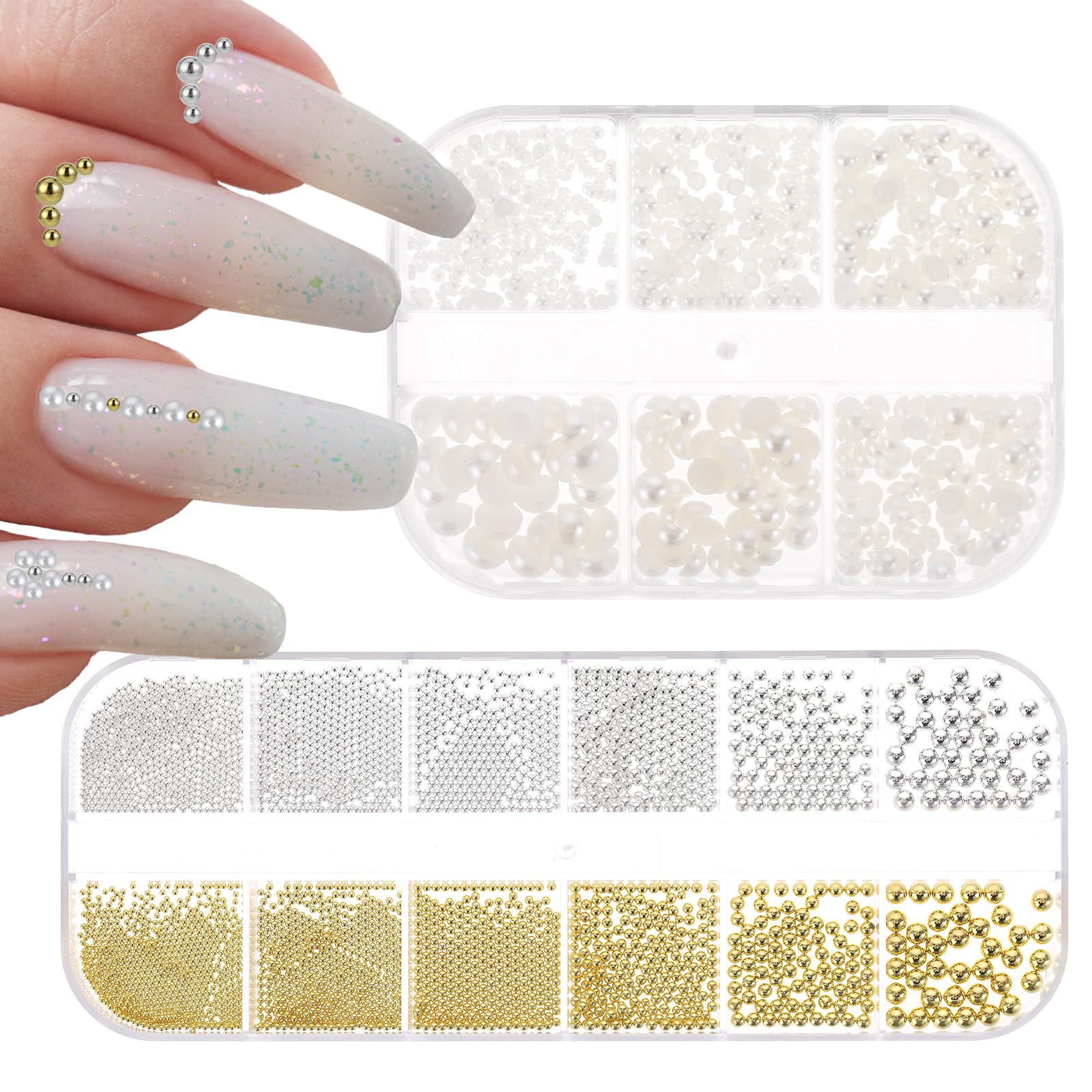 Nail Art Pearls Flatback Pearl, Steel Metal Nail Charms, Half Round Nail Pearls, Nail Supplies Accessories, Gold Silver White Nail Charms and Gems for DIY Nail Art Decoration