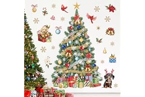 wondever Large Christmas Tree Wall Sticker Evergreen Tree Christmas Flowers Dogs Cardinal Birds Window Wall Decals for Christ