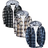 ZITY 3 Pack Men's Flannel Hoodie Shirts Long Sleeve Casual Vintage Button Down Plaid Shirt Jacket with Pocket