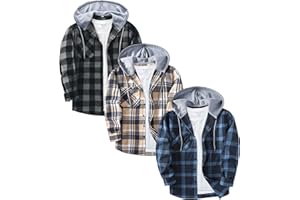 ZITY 3 Pack Men's Flannel Hoodie Shirts Long Sleeve Casual Vintage Button Down Plaid Shirt Jacket with Pocket