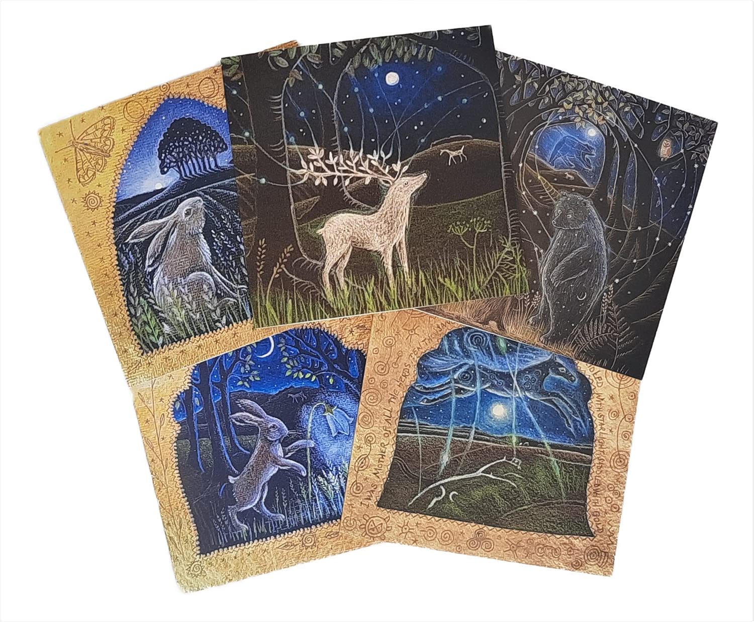 Moon and Stars by Hannah Willow - UK Made Pack of 5 Art Greetings Cards - Hares, Horse, Bear, Badger - Animals - Birthday Cards