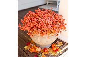 HyeFlora Artificial Fall Flowers Faux Mums for Outdoor Indoor Garden Home Decoration, Faux Flower Daisy with Eucalyptus Leaves Fake Mums Plants Greenery Boxwood Porch Patio, 12 Bundles (F Orange)