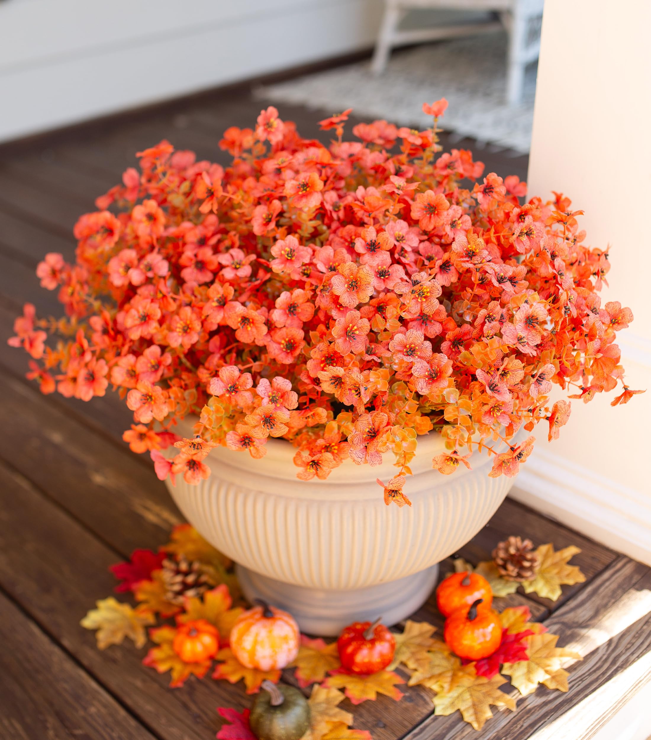 Photo 1 of HyeFlora Artificial Fall Flowers Faux Mums for Outdoor Indoor Garden Home Decoration, Faux Flower Daisy with Eucalyptus Leaves Fake Mums Plants Greenery Boxwood Porch Patio, 12 Bundles (F Orange)