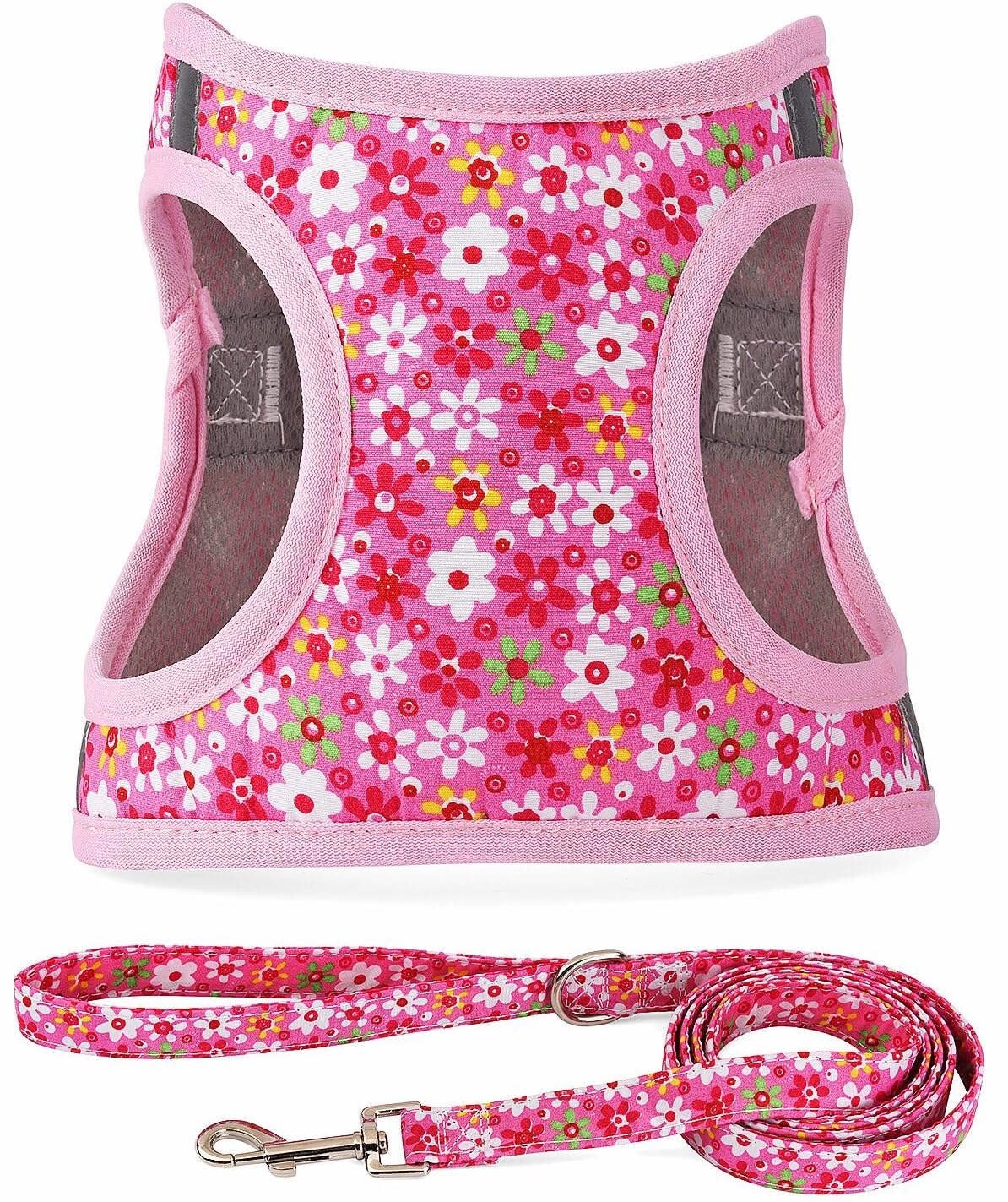 Moonpet Step in Air Dog Harness Leash Set- All Weather Reflective No-Pull Floral Pattern Padded Mesh Vest Harness for Cats Puppy Extra-Small Small Medium Large Dogs - Pink Flower M