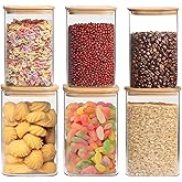 HomeyHoney 6 Pack Glass Food Storage Jars with Airtight Lids, Clear Glass Jar with Bamboo Lid, Airtight Food Canister for Tea, Candy, Coffee, Sugar, Cookie, Snack. (Square| 5+6 Inch) SET of 3