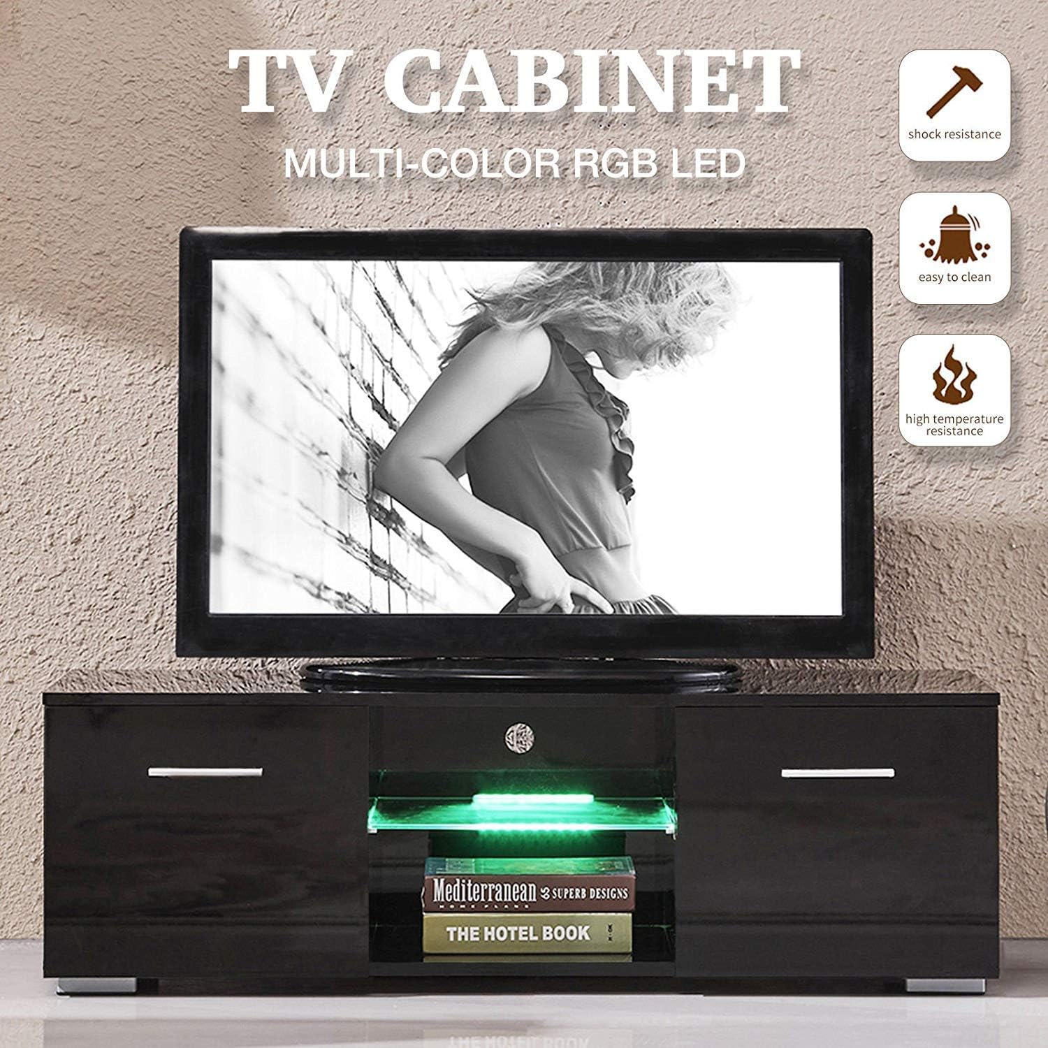 Clever Market TV Stand Elegant Black High Gloss LED Light Strong Glass Shelves Solid TV Cabinet Modern TV Table 2 Drawers Console Durable Entertainment Center Black (63"x13.8"x17.8")