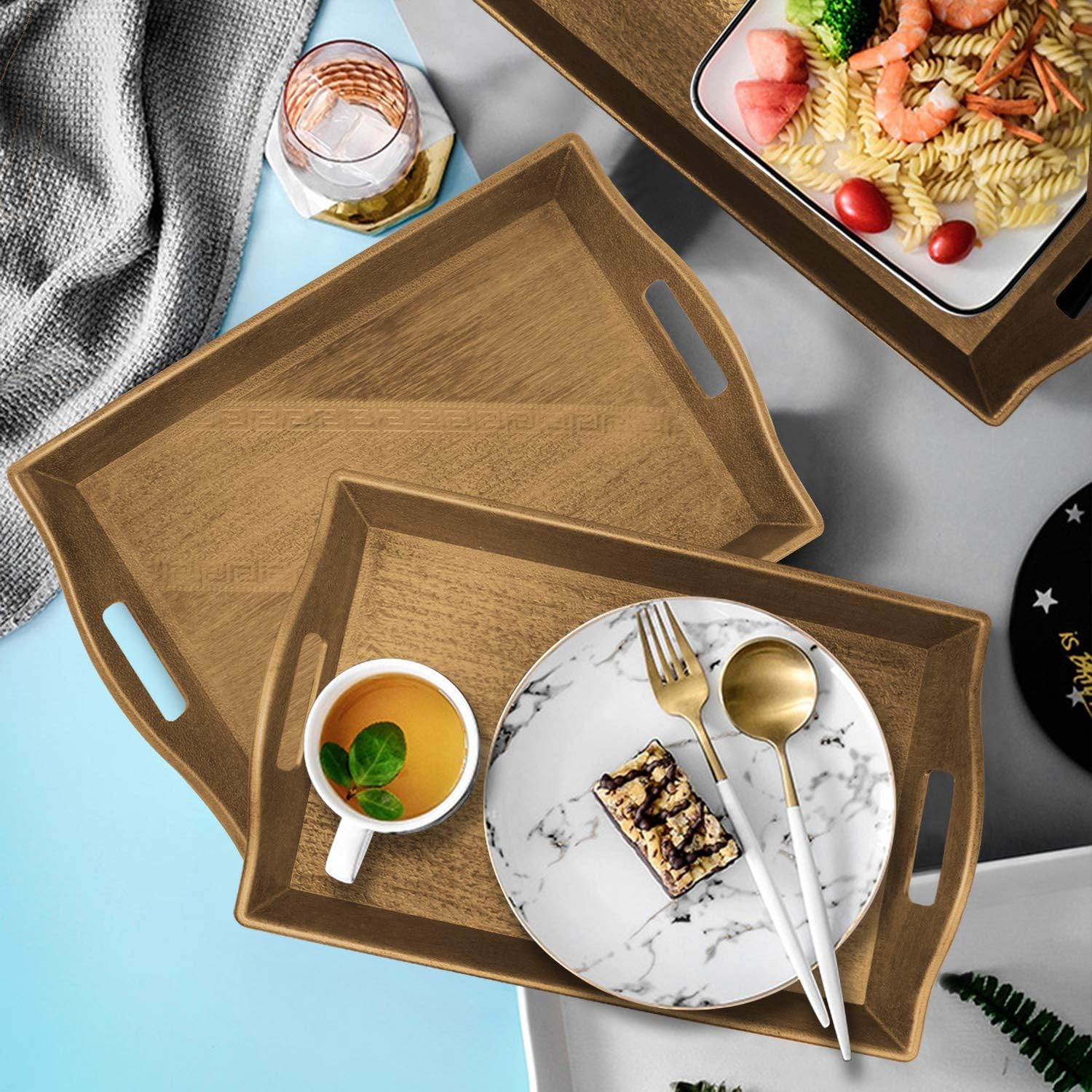  | Set of 3 Large Serving Trays w/Handles Nesting Breakfast Serving Trays Afternoon Tea Tray Decorative Rectangular Display Tray Set Nested Food Tray Butler Serving Tray for kitchen Party Dinner Snack: Serving Trays