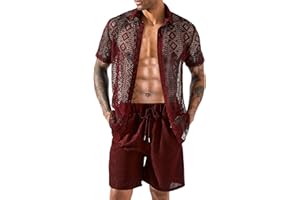 LecGee Men Summer Casual Short Sets Lace Short Sleeve Button Down Shirt Elastic Waist Shorts 2 Piece Outfits Tracksuit