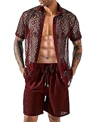 LecGee Mens Boho 2 Piece Outfits Mesh Transparent