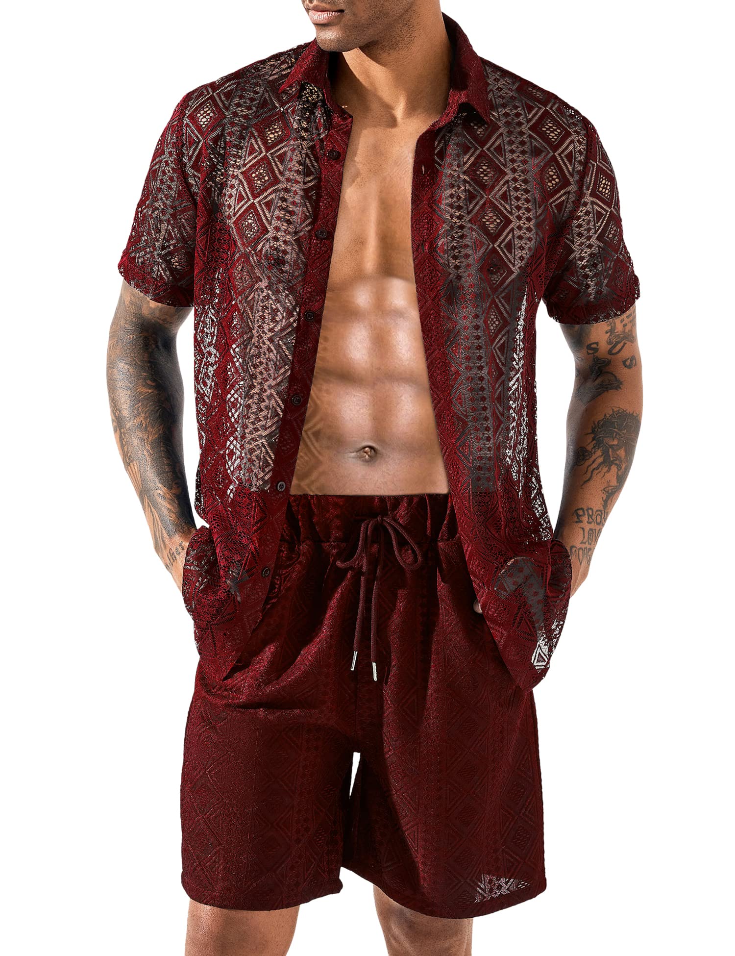 LecGee Mens Boho 2 Piece Outfits Mesh Transparent