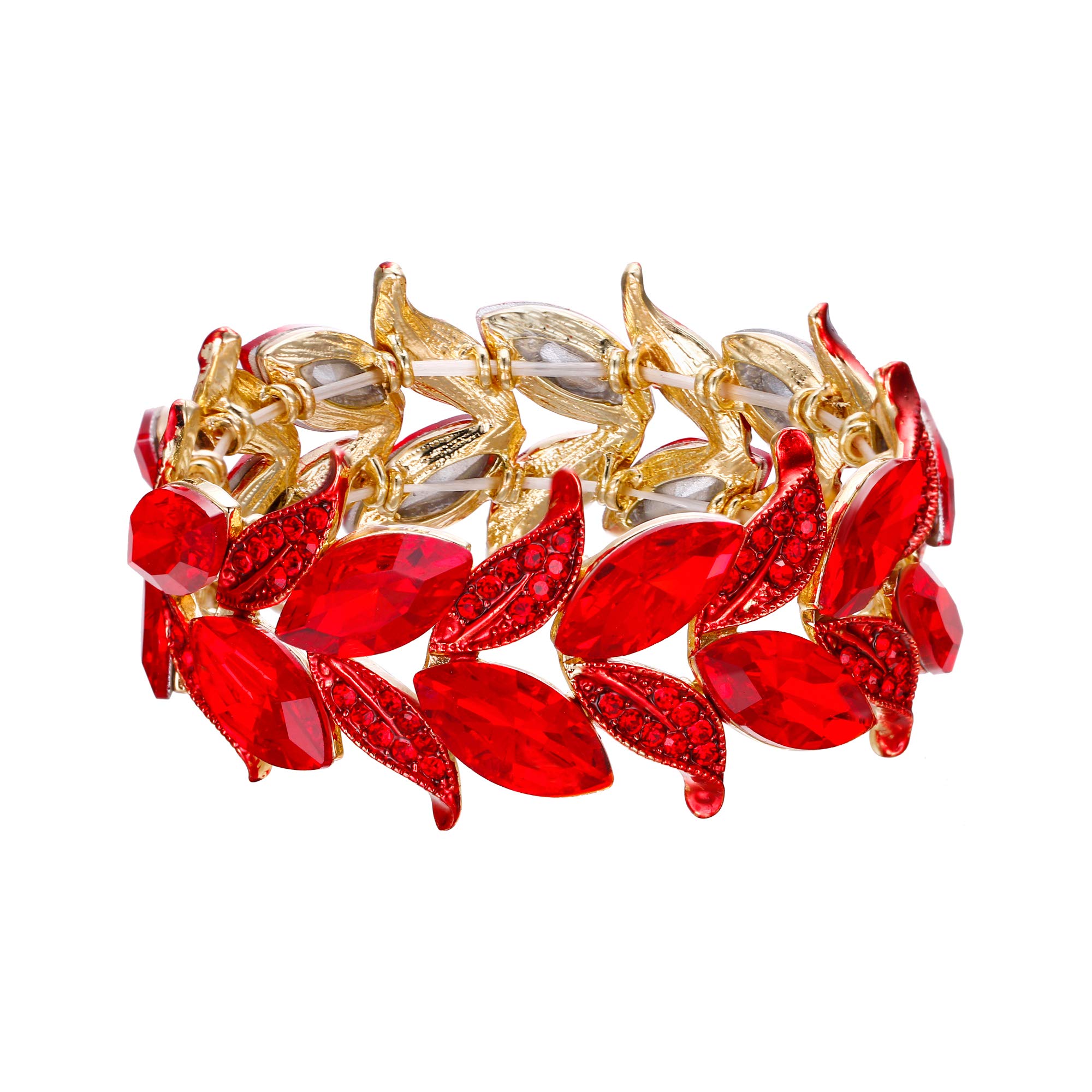 Clearine Wedding Bridal Bracelet for Women Marquise-Shape Leaf Stretch Bangle Bracelet Ruby Color Gold-Toned