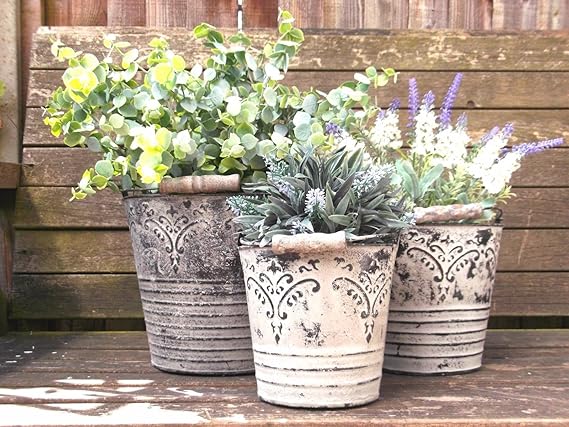French Vintage Style Set of 3 Metal Garden Planters Containers Flower