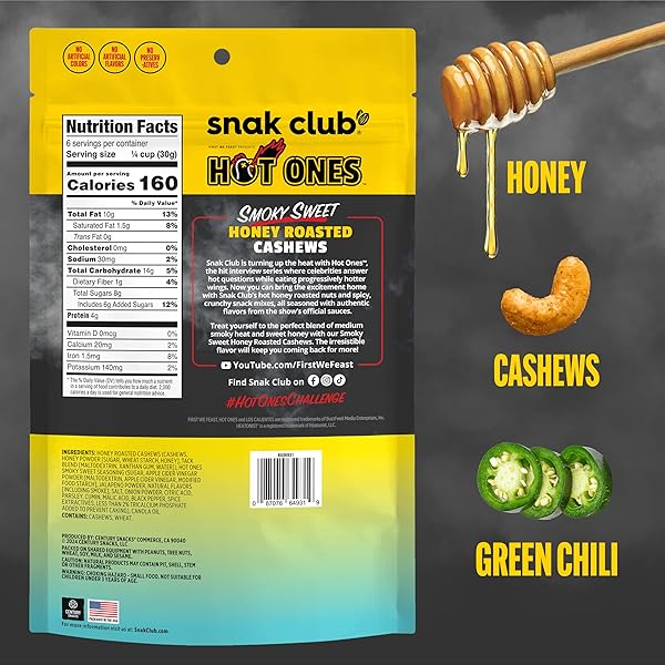 SNAK CLUB X HOT ONES HONEY ROASTED CASHEWS, SMOKY SWEET, SPICY NUTS, INSPIRED BY HOT ONES, VEGAN SNACK, 6 OZ RESEALABLE BAG