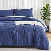 EMME Muslin Cotton Duvet Cover Set Linen Like Navy Queen | Soft Breathable, Lightweight Cozy, Skin‑Friendly, Easy Care, Hidden Zipper Closure, Corner Ties, All Season Use, Luxury Feel