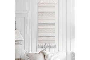 BlissBlush Long Vertical Wall Hanging Tapestry Woven Boho Farmhouse Decor Gray Cream Tassel Handmade Wall Art Decoration for Bedroom Living Room Dorm Nursery Apartment, 16x39 INCH