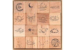 RISYPISY 16PCS Moon Wood Rubber Stamps, Vintage Decorative Wooden Stamp for Crafts, Scrapbooks, Journals