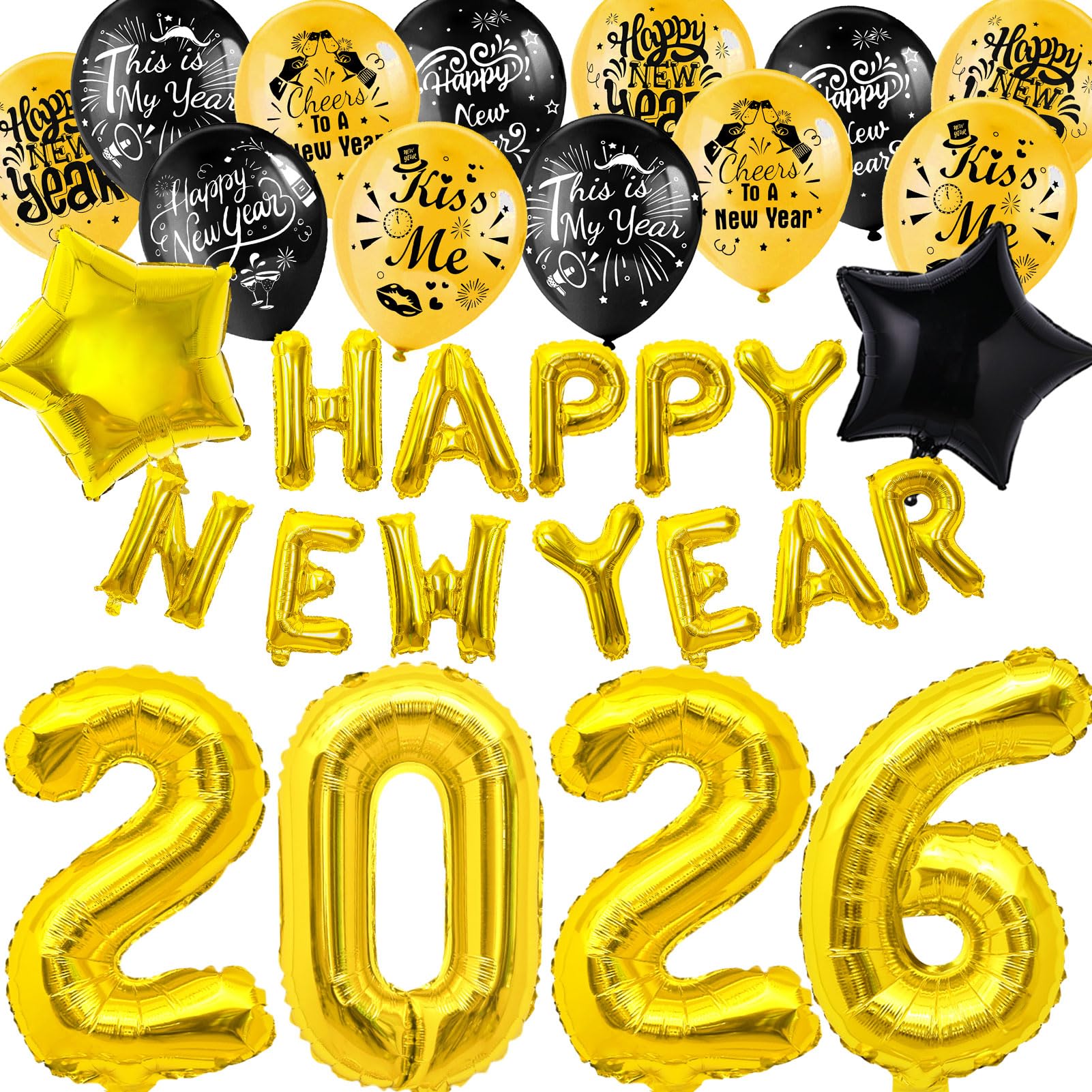 HOWAF Happy New Year Decorations 2026 Balloons Gold Black New Year Balloons Foil Star Balloon for New Years Eve Decorations 2026 NYE Party Decoration