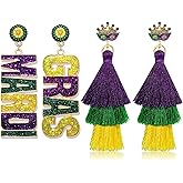 2/3Pairs Mardi Gras Earrings for Women Beaded Crown Dangle Earrings Mardi Gras Accessory, Fleur De Lis Carnival Earrings for Fat Tuesday Celebrations, Mardi Gras Parades Jewelry Gifts
