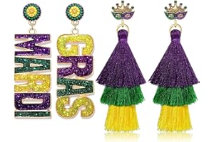 YAHPERN 2/3Pairs Mardi Gras Earrings for Women Beaded Crown Dangle Earrings Mardi Gras Accessory, Fleur De Lis Carnival Earrings for Fat Tuesday Celebrations, Mardi Gras Parades Jewelry Gifts