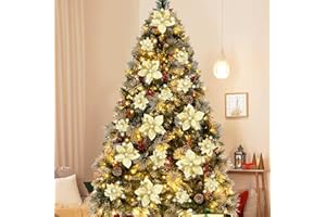 Geefuun 28PCS Christmas Tree Decorations: Poinsettias Artificial Flowers Ornaments Xmas Gold Glitter Flower with Clips
