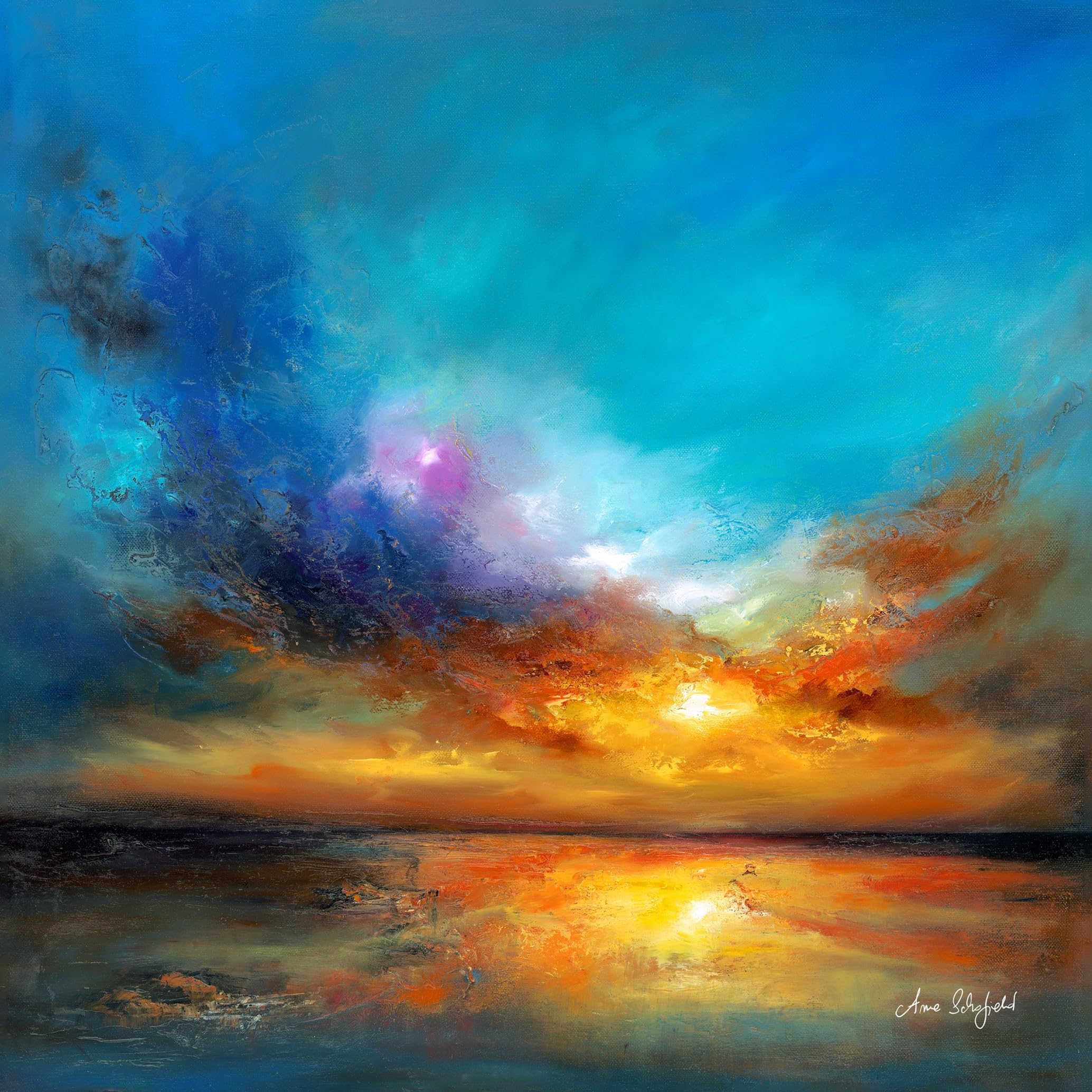 Artko Sunset Scene Canvas Wall Art - 'Amazing Sunset' by Anna Schofield - Beautiful Scenic Seaside Themed Picture - Ready to Hang Nature Inspired Home Décor - 30cm x 30cm