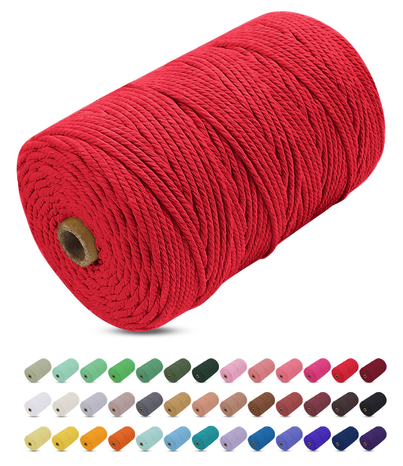 Uiopa Macrame Cord 3mm x 200m, Thick Macrame Rope Yarn Soft Natural Cotton Cord, Coloured 4-Ply Macrame String for DIY Craft, Plant Hangers, Wall Hanging, Christmas Decorations (Red)