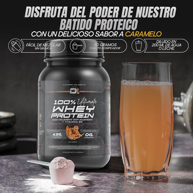 Proteína de Soro | Pó de Proteína com Colagénio, Magnésio e Aminoácidos | Aumenta a massa muscular | Apoia o desenvolvimento e recuperação muscular | Proteína fácil de digerir | Sabor Caramelo 1kg