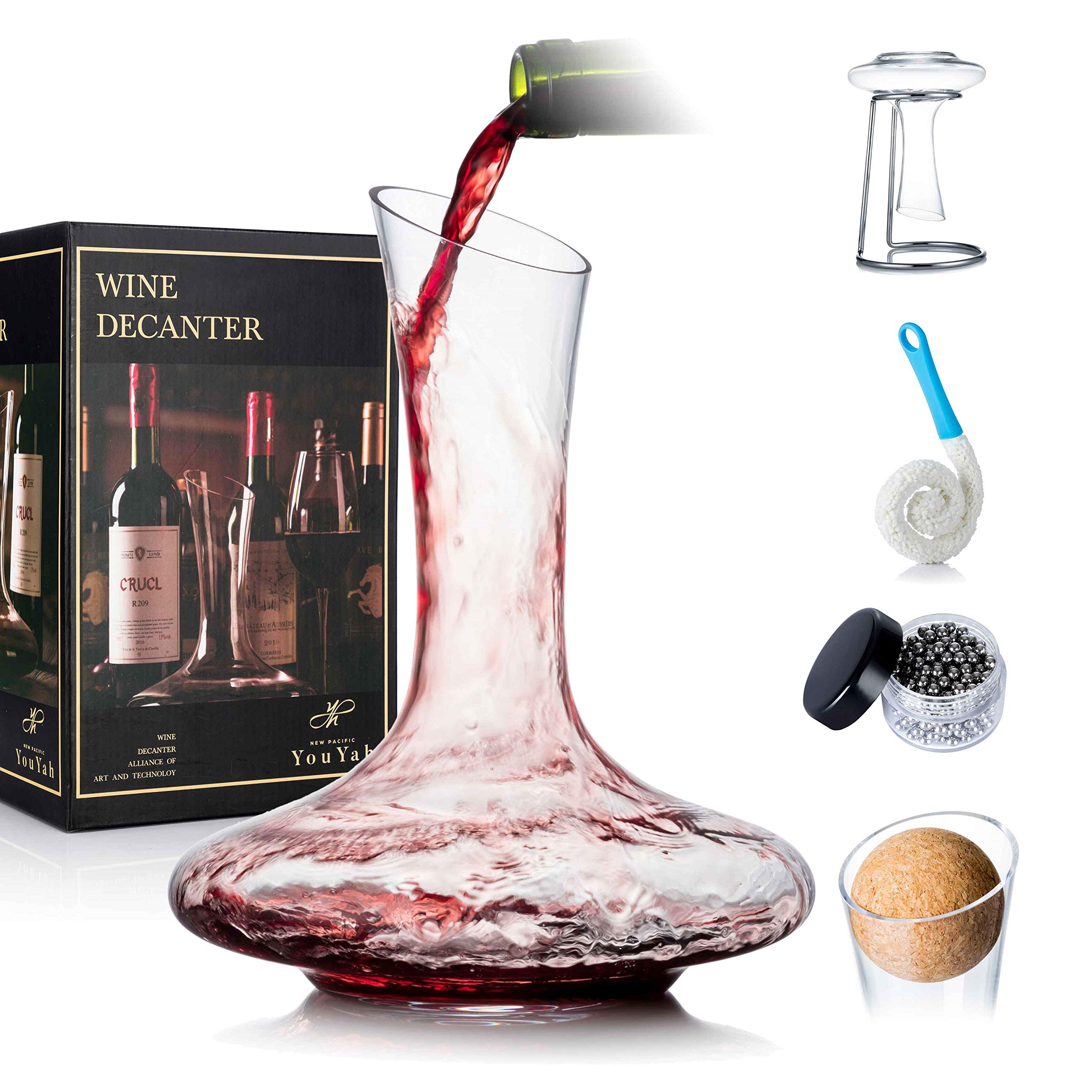 YouYah 100% Crystal Wine Decanter Set with Stand, Stopper, Brush and Beads - Red Wine Carafe - Hand-blown - Gift and Accessory