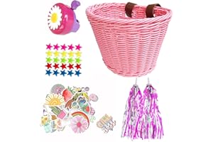 Suerico Girls Bike Decorations Accessories Kit,Kids Bike Basket Hand Woven Bicycle Basket,Child Bike Wheel Spoke Beads,Bike Streamers Tassel Ribbon, Bike Horn Bell and Stickers