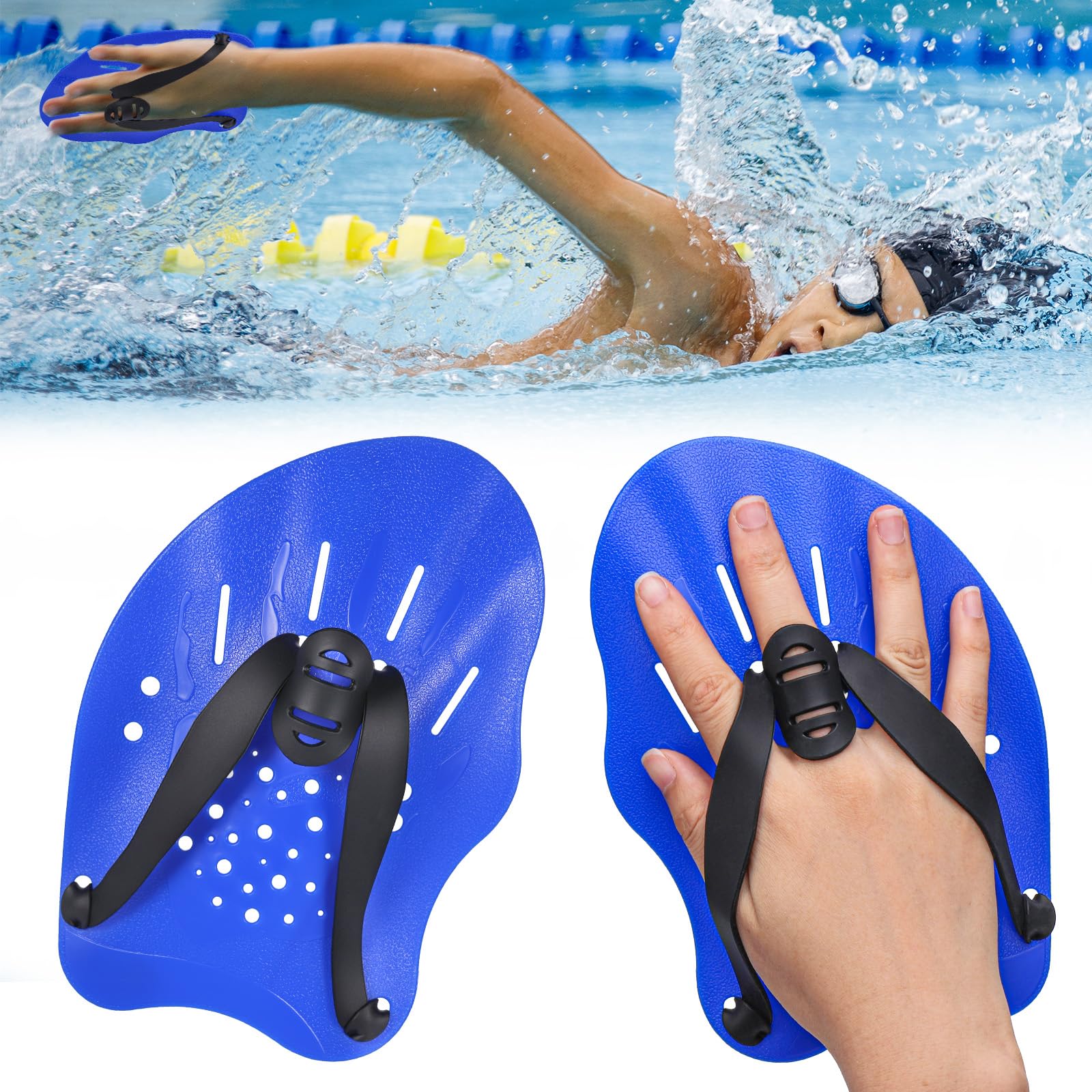 Zocipro 1 Pair Swimming Hand Paddles, Swim Paddles with Adjustable Straps, Hand Paddles for Swimming Training, Pool Exercise Equipment Accessories for Adults Kids Unisex (Blue)