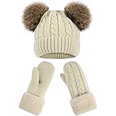Women's Pom Pom Beanie Hat & Warm Knit Mittens Gloves Winter Set