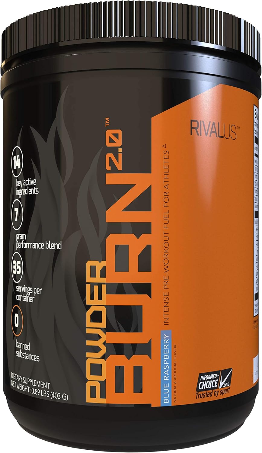 Rivalus Powder Burn 2.0 Pre Workout Supplement, Blue Raspberry, 1.1 Pound: Health & Personal Care