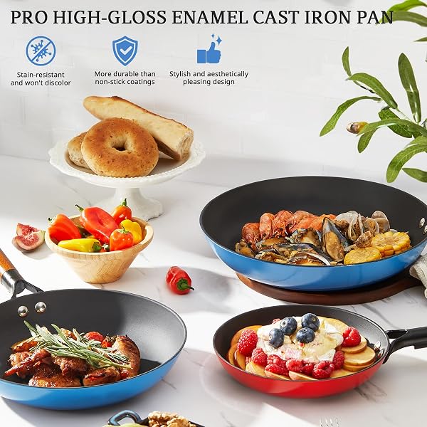 KITESSENSU ENAMELED CAST IRON SKILLETS – NON STICK FRYING PANS SET WITH DURABLE WOODEN HANDLE – 8&10&12 IN TITANIUM CAST IRON PANS FOR MULTI-COOKING – PRE SEASONED COOKWARE SET – GRADUAL COBALT BLUE