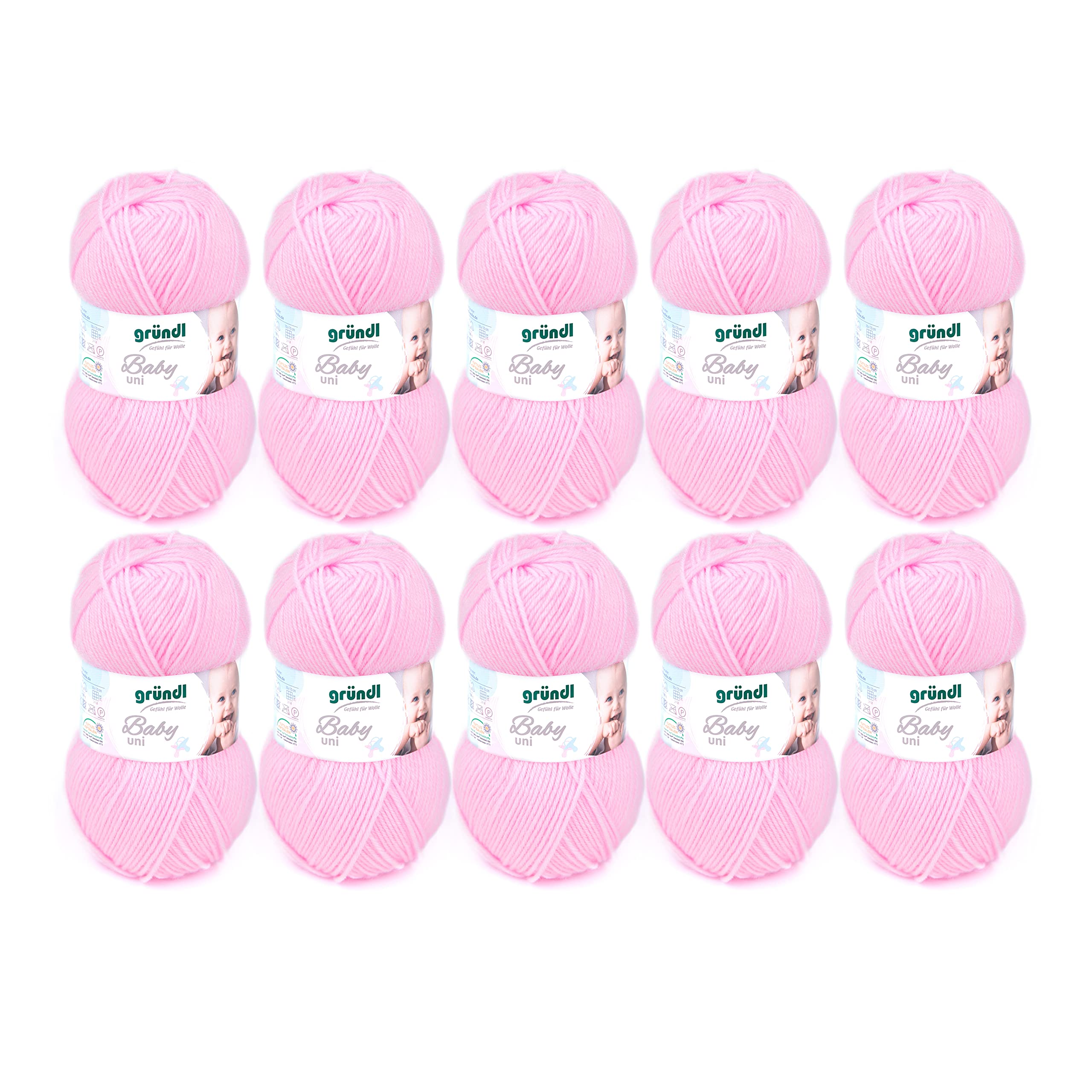 Gründl Baby Uni knitting/crochet yarn (hard wearing and easy-care, made of 70% polyacrylic and 30% polyamide, 50 g / 150 m, needle size: 3.5-4.5mm, 10 x 50 g), Rose