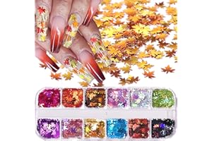 QDSUH 12 Colors Fall Leaf Glitter Nail Sequins - 3D Maple Leaf Holographic Nail Art Flakes Colorful Confetti Glitter Sticker Decals Manicure Nail Art Design Makeup DIY Christmas Decorations