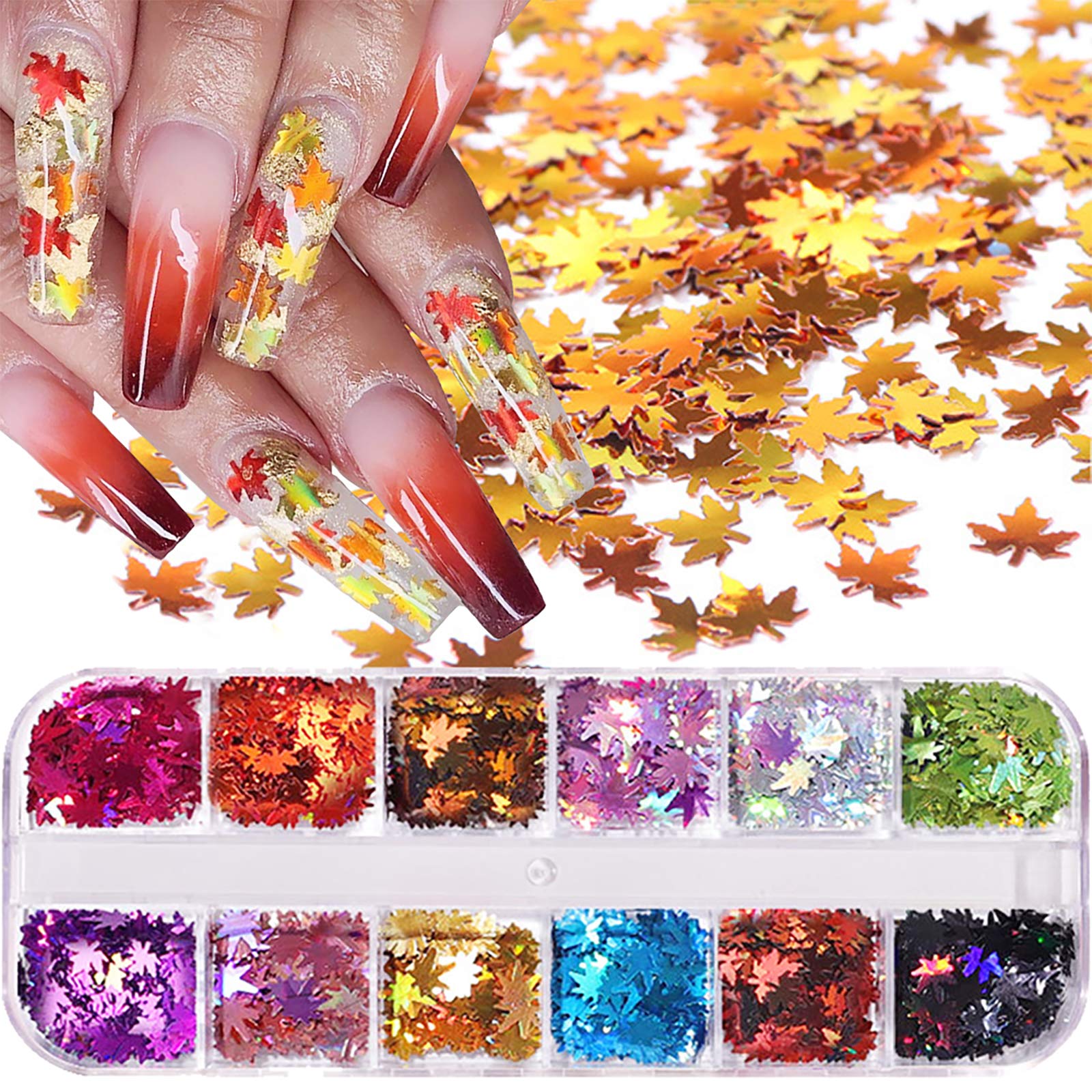 Photo 1 of 12 Colors Fall Leaf Glitter Nail Sequins - 3D Maple Leaf Holographic Nail Art Flakes Colorful Confetti Glitter Sticker Decals Manicure Nail Art Design Makeup DIY Christmas Decorations