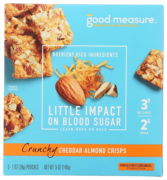 GOOD MEASURE CHEDDAR ALMOND CRISPS, 3G NET CARBS, 2G SUGAR – NUTRIENT-RICH, CRUNCHY, AND SAVORY SNACK LITTLE IMPACT ON BLOOD MADE IN THE USA, 10 1-OZ POUCHES