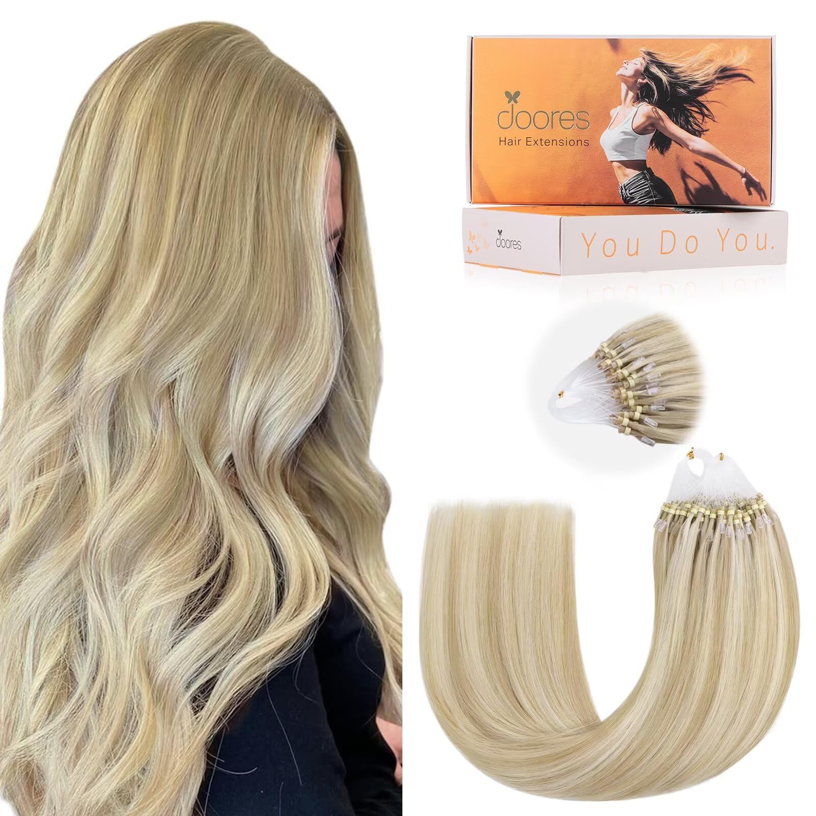 DOORES Micro Hair Extensions, Dark Blonde Highlighted Bleach Blonde 18 Inch 50g 50s, Natural Remy Micro Beads Hair Extensions Lightweight โ image 1