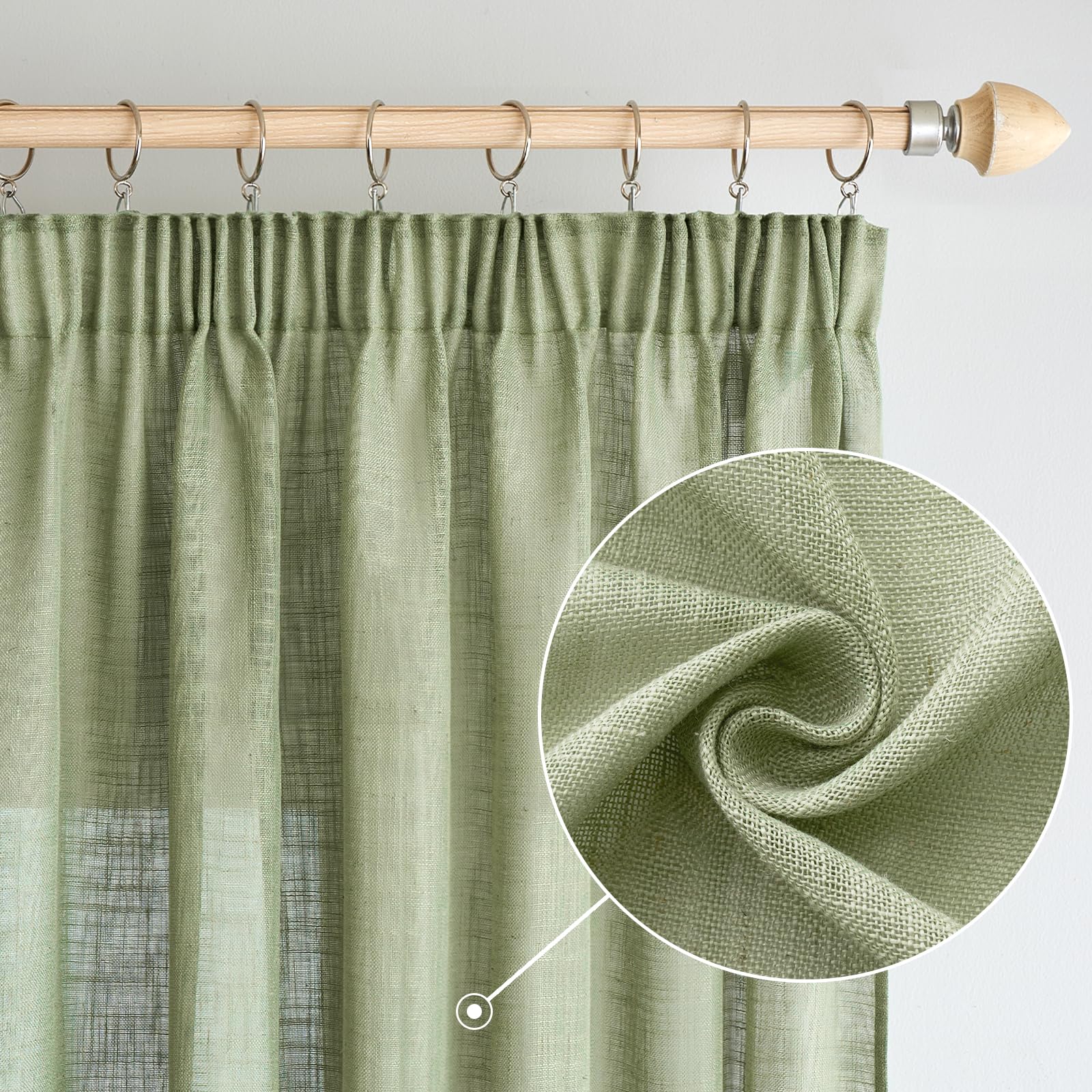 Woaboy Linen Curtains with Ruffle Tape, Living Room Curtains, Linen Look, Semi-Transparent, Store Curtain, Bedroom, Modern Loop Curtains, Set of 2, 140 x 245 cm (W x H), Green