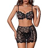 Avidlove Women Lingerie Sets 3 Piece Lace Bralette Mini Skirt With G-String Sexy Lingerie Outfits Babydoll Bodysuits
