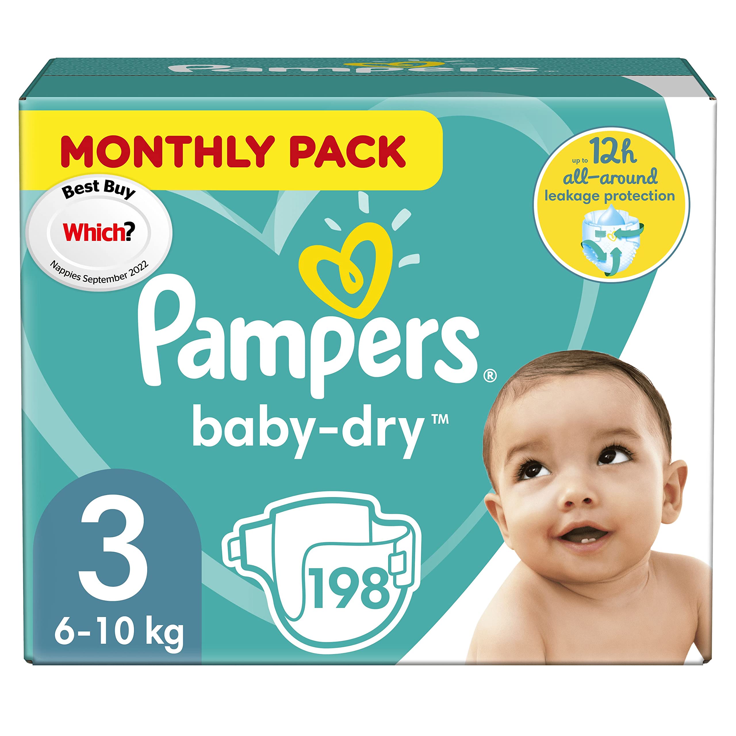 Pampers Baby Nappies Size 3 (6-10 kg / 13-22 lbs), Baby-Dry, 198 Count, Monthly Savings Pack, Air Channels for Breathable Dryness Overnight