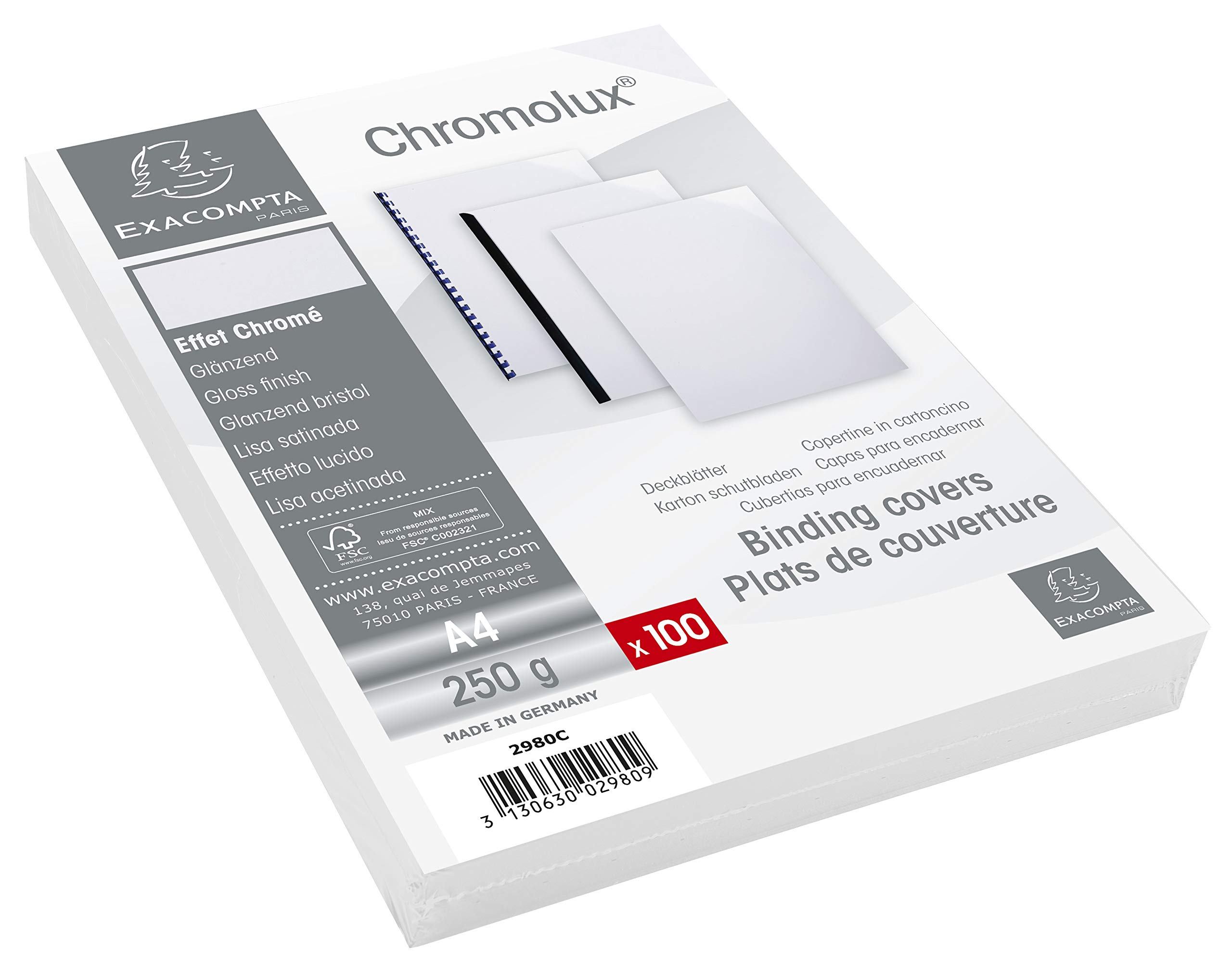 Exacompta - Ref 2980C - Chromolux Covers (Pack of 100) - 210 x 297mm in Size, Suitable for Use with A4 Paper, Coloured Lacquered Paper, 250gsm Material - White