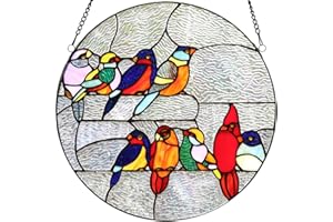 Bieye W10051 Tropical Birds Tiffany Style Stained Glass Window Panel for Home Decoration, Round Shape, 16-inch Wide