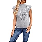 RoseSeek Women's 3D Floral Appliques Mock Neck Sweaters Knit Tops 2026 Cap Sleeve Pullover Elegant Tops