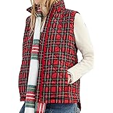 YEXPINE Women Christmas Plaid Qilted Vest Zip Up Fuzzy Fleece Sleeveless Jacket Outerwear Cardigan with Pockets