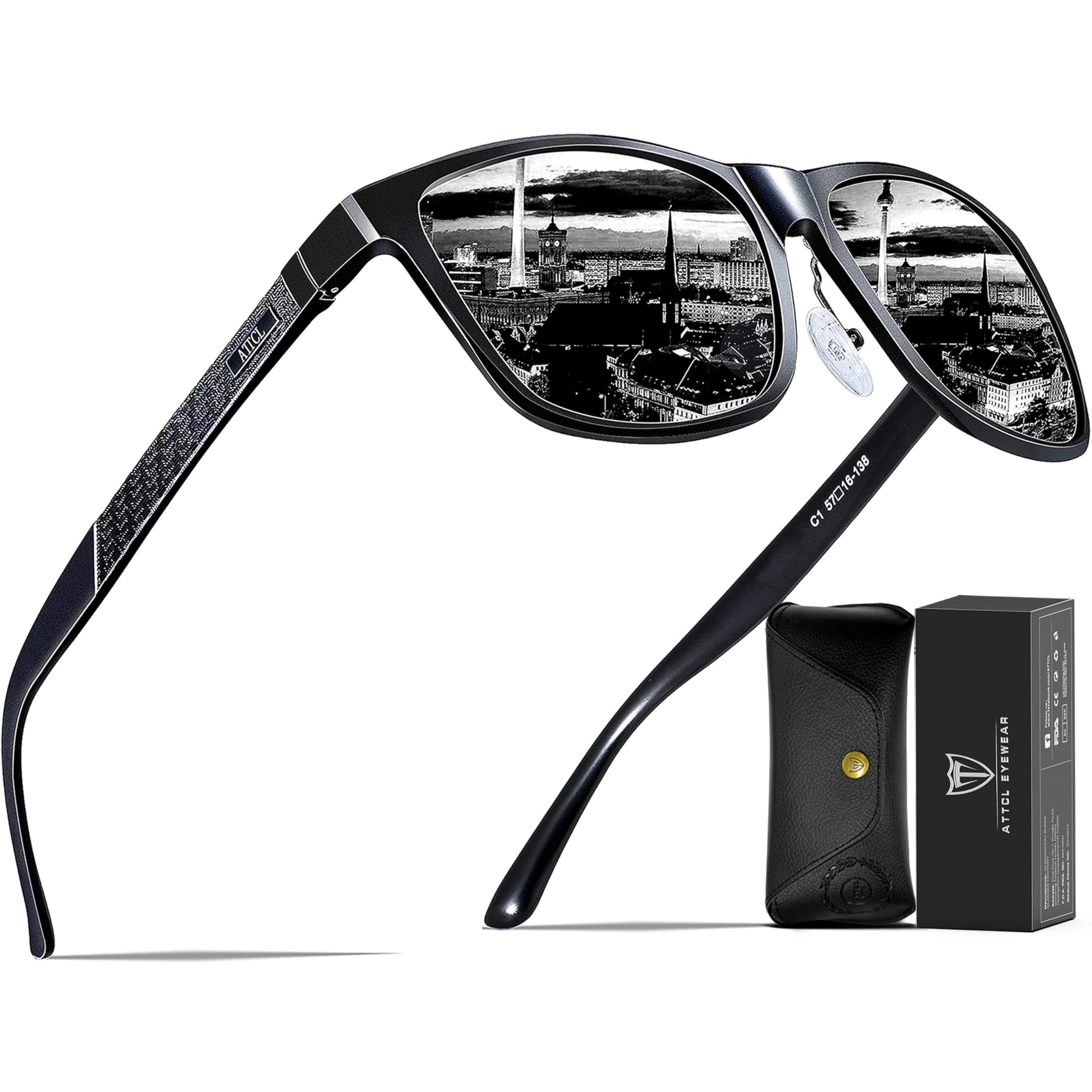 Photo 1 of **USED - MINOR DAMAGE**
ATTCL Polarized Sunglasses Men for Driving: UV400 Protection Lightweight AL-MG Metal Rectangular Sun glasses Fishing Golf Hiking Travel 8587 black-gray