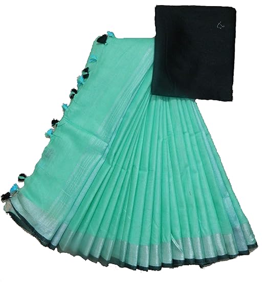 Jivika Women's Linen Slub Saree with Contrast Blouse Piece (CSZCP90, Blue and Black)