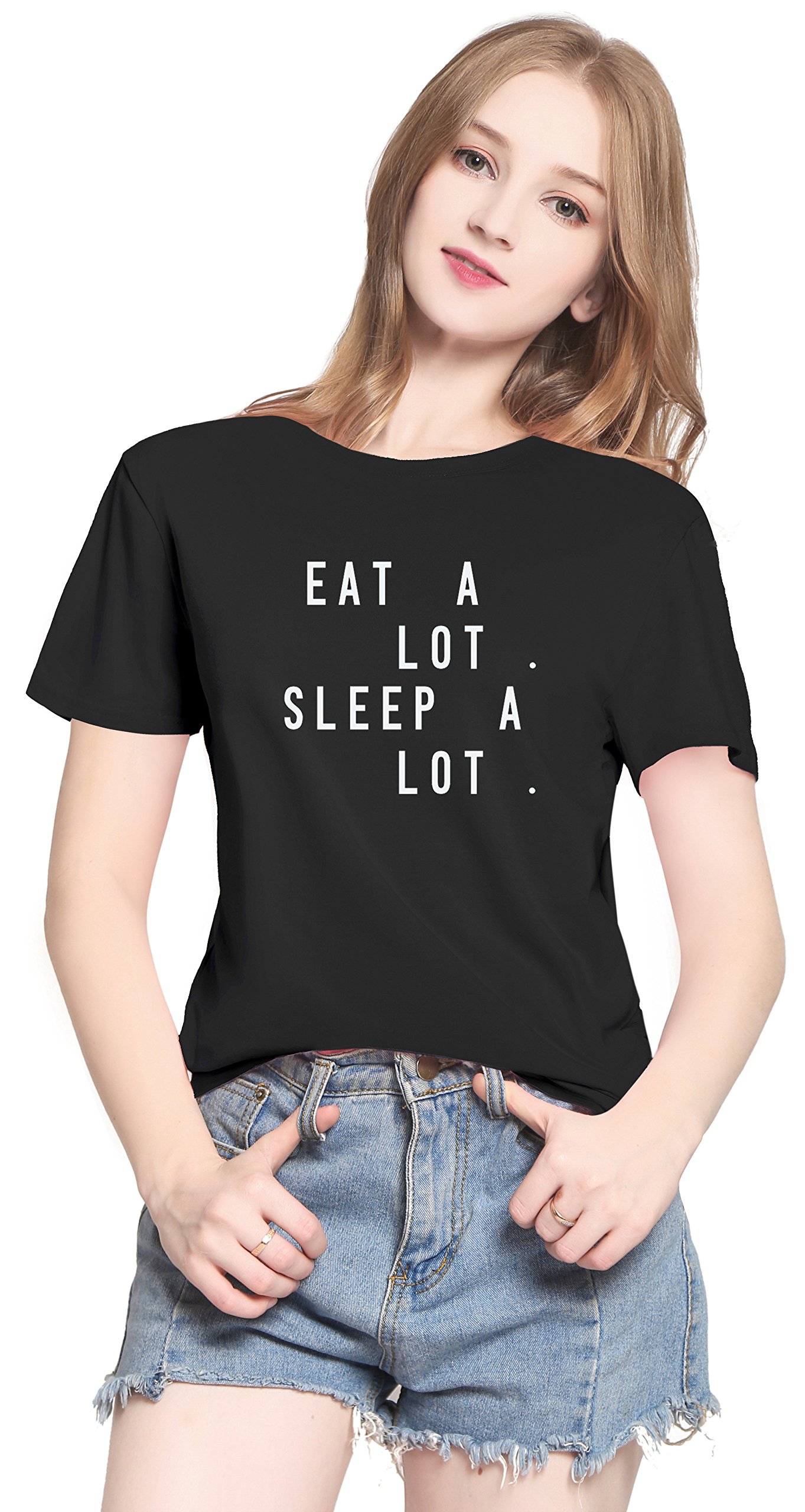PINJIA Womens Cute Letter Printed Graphic Funny Tshirts Top Tees(MX15)(XXL,Black Eat A Lot Sleep)