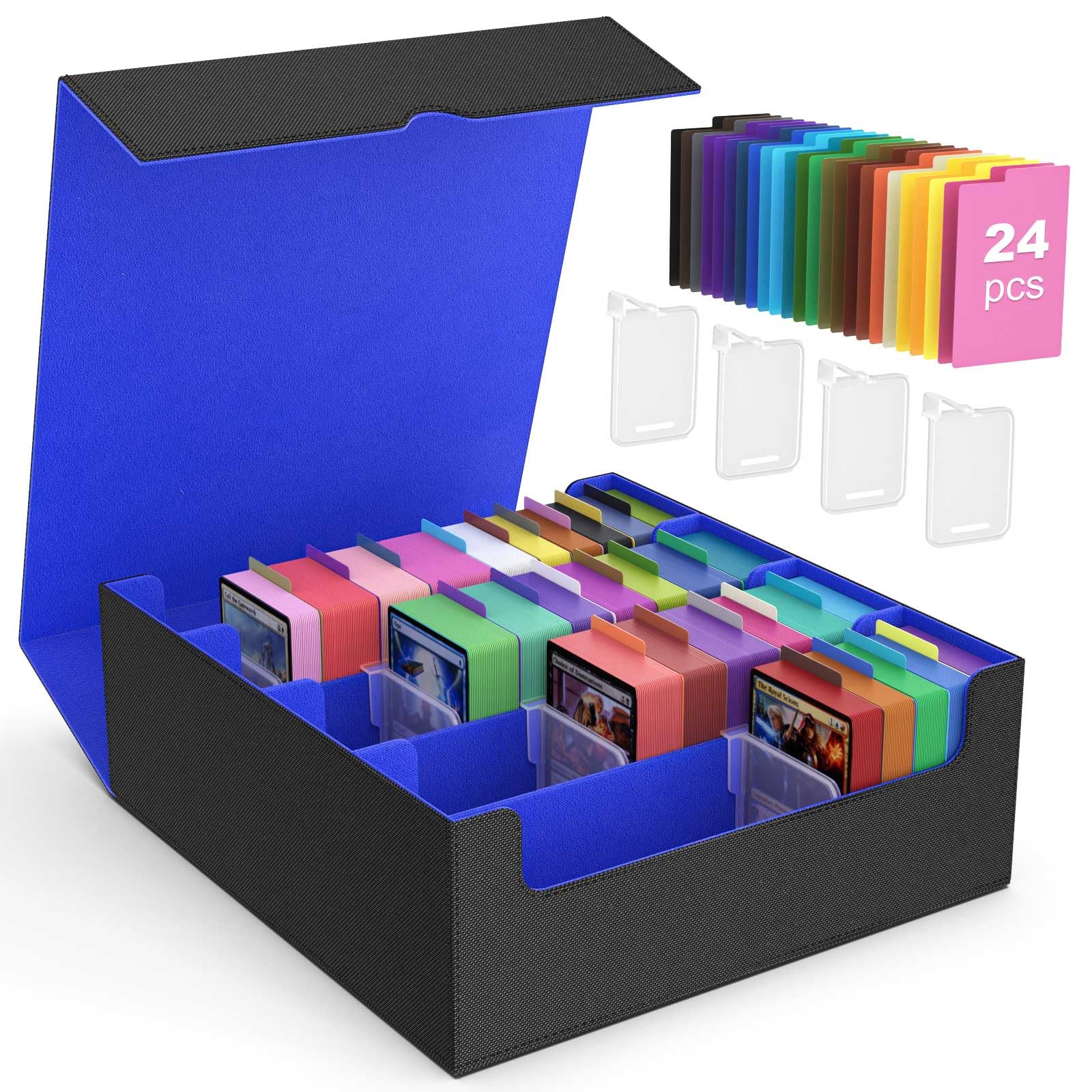 MoKo Trading Card Storage Box, 3000+ MTG Deck Box with 24 Colorful Dividers & 4 Card Supporters, Commander Card Deck Case Fits for Magic Game Cards, YugiOh, TCG, PTG and Sport Cards, Black Blue โ image 1