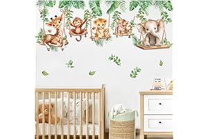 wondever Jungle Animal on Swings Wall Decals Lion Elephant Giraffe Tropical Leaves Peel and Stick Wall Art Stickers for Baby 
